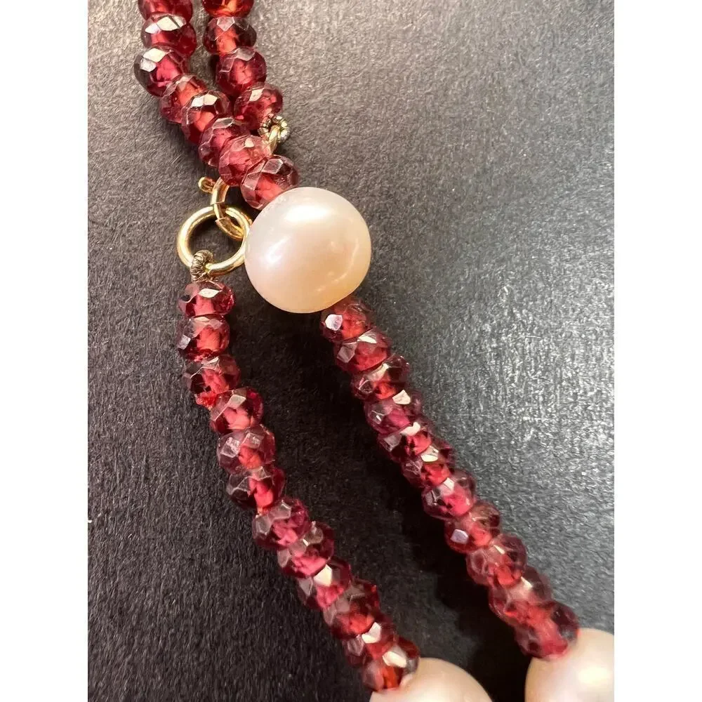 14k gold garnet and pearl station necklace 18 inches